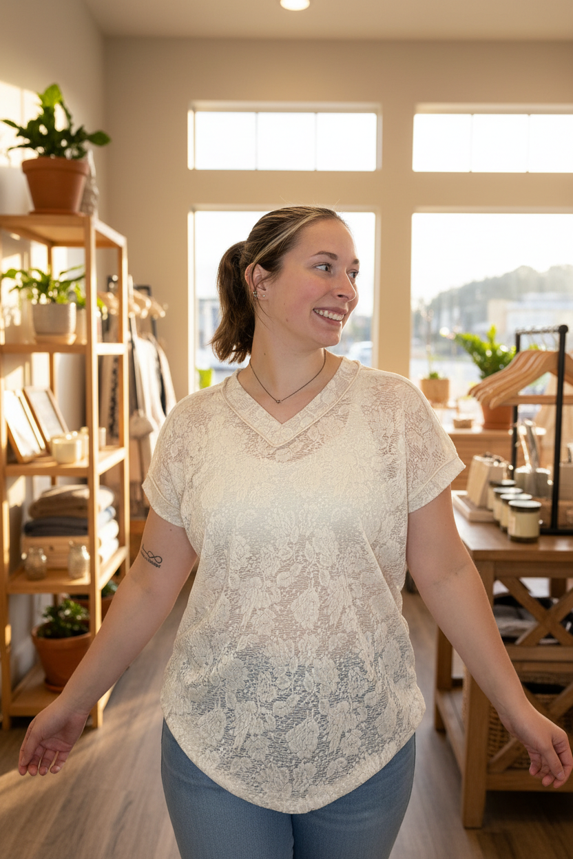 Cream Lace Tee - Front - Boutique Background