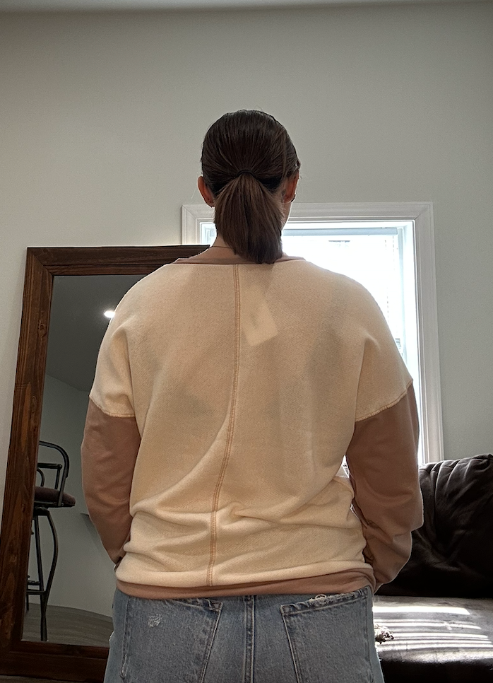 Cream Colorblock Long Sleeve Top with Rose Stitching