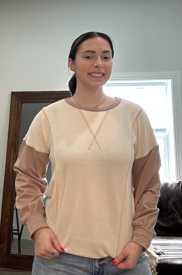 Cream Colorblock Long Sleeve Top with Rose Stitching