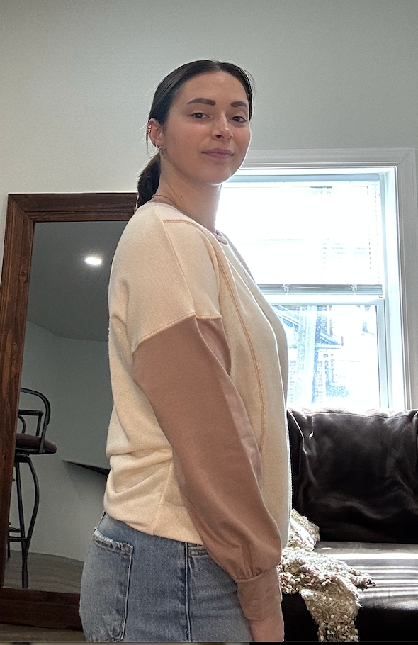 Cream Colorblock Long Sleeve Top with Rose Stitching