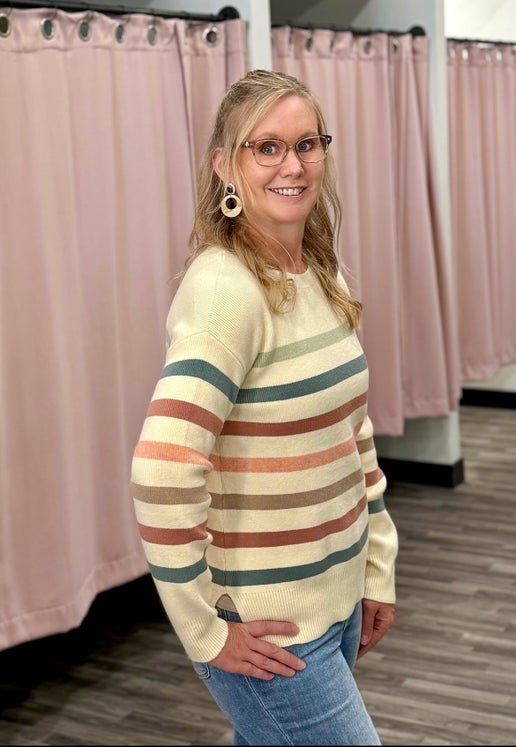 Cream-Sage-Pink Striped Split Hem Sweater