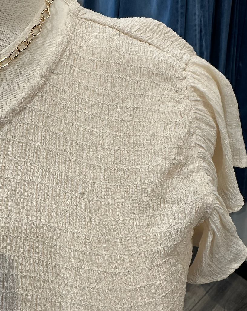 Cream Smocked Flutter Sleeve Tiered Midi Dress