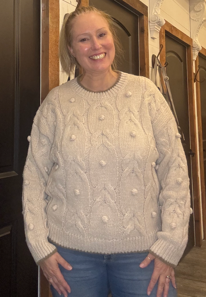 Pom Pom Detail Cable Knit Pullover Knit Sweater