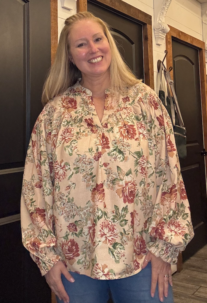 Notched Neck Floral Print Woven Blouse