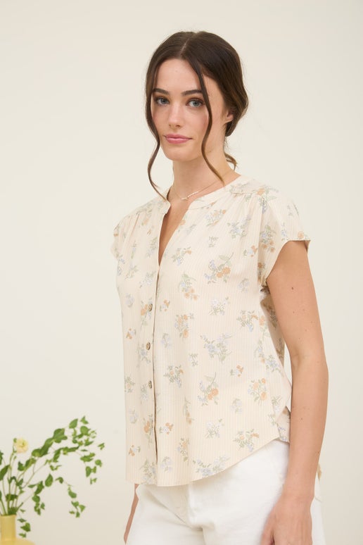 Natural Floral Striped Button Down Blouse