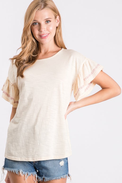 Oatmeal Embroidered Two Tone Knit Top