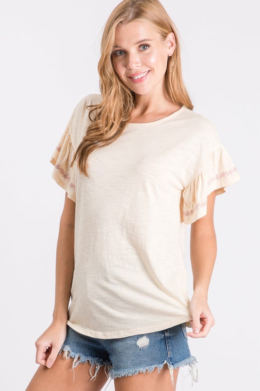 Oatmeal Embroidered Two Tone Knit Top