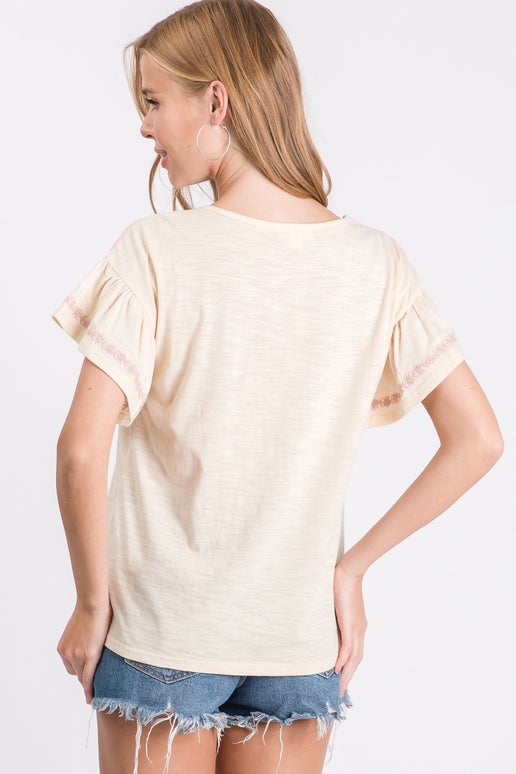 Oatmeal Embroidered Two Tone Knit Top