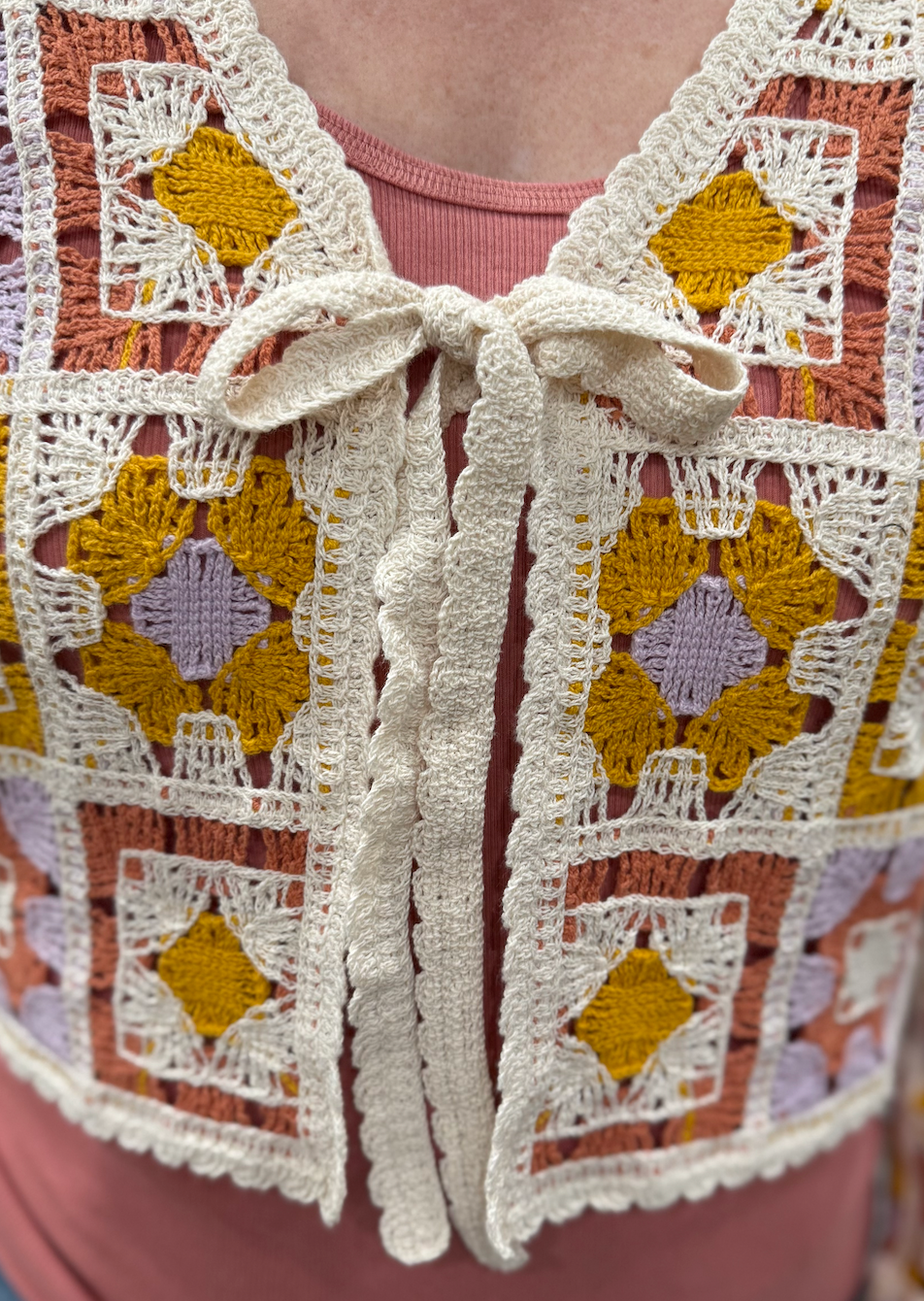 Boho Crochet Tie-Front Cropped Cardigan – Granny Square Knit