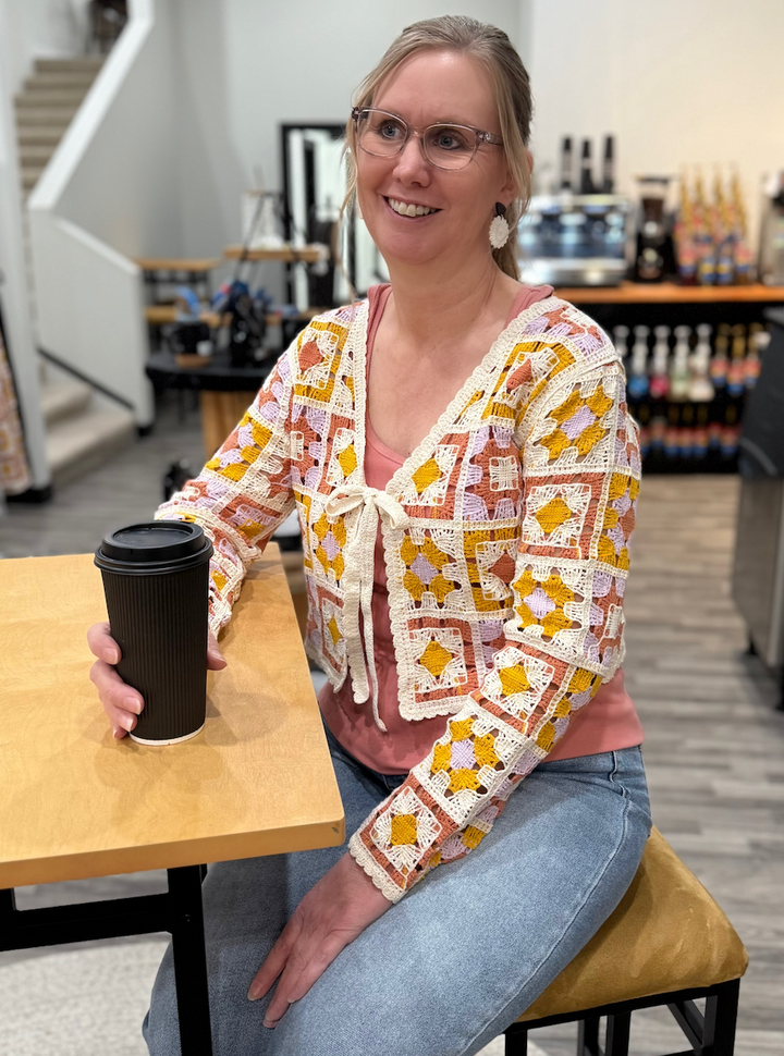 Boho Crochet Tie-Front Cropped Cardigan – Granny Square Knit