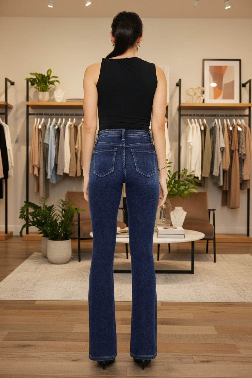 Dark Wash High-Rise Bootcut Jeans – Back – Boutique Background