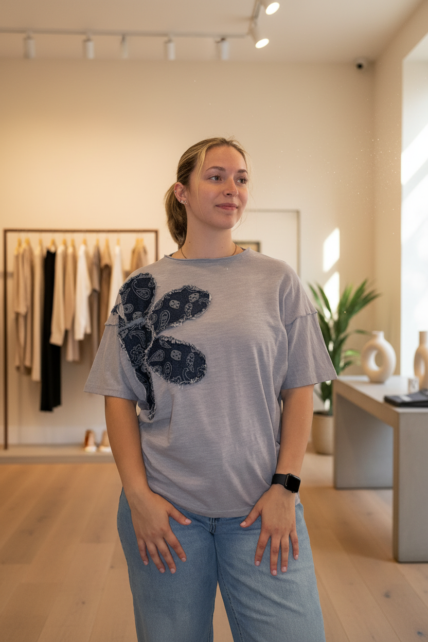 Denim Floral Patchwork Tee - Front