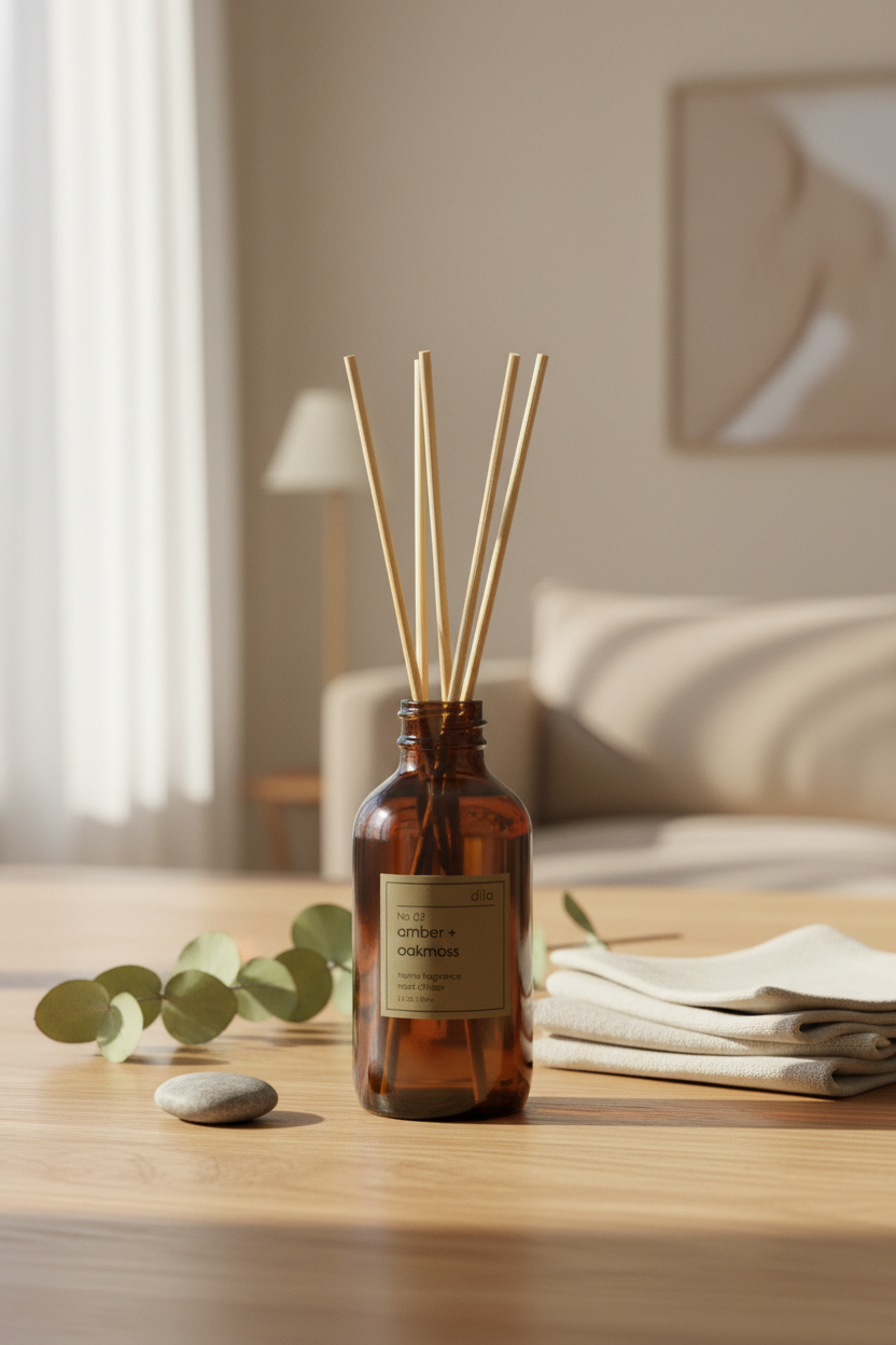 Amber glass reed diffuser with natural wooden reeds on a wooden table with soft blurred neutral background