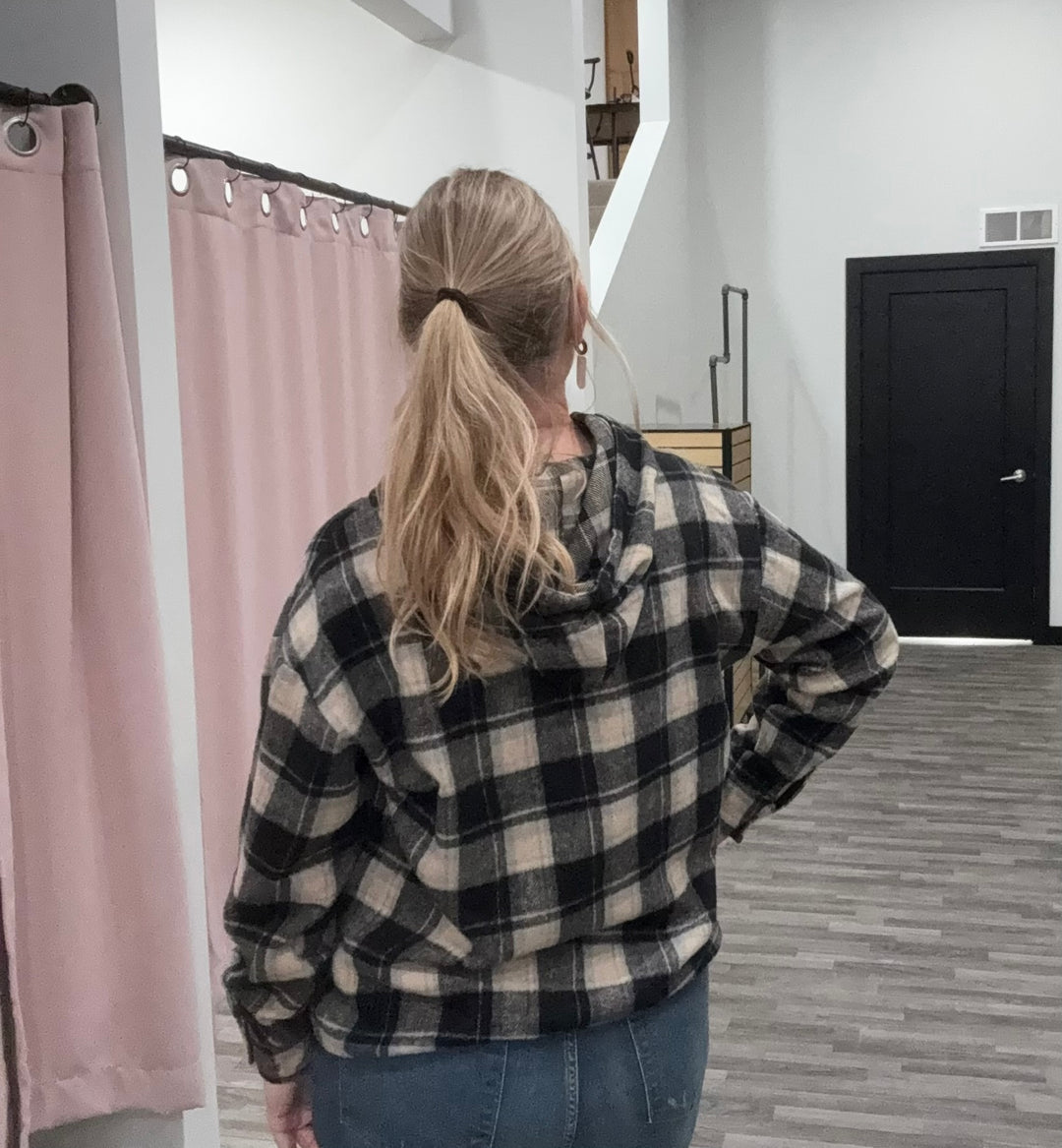 Black Combo Flannel Pullover Hoodie