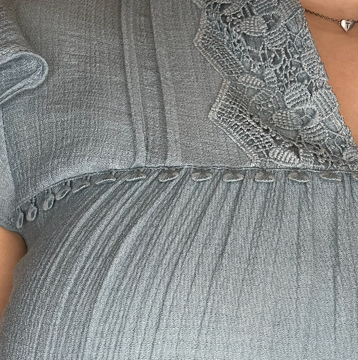 Lace Trim Split Neck Ruffle Sleeve Blouse