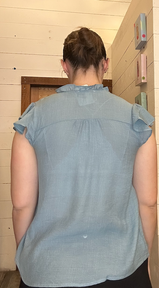 Lace Trim Split Neck Ruffle Sleeve Blouse