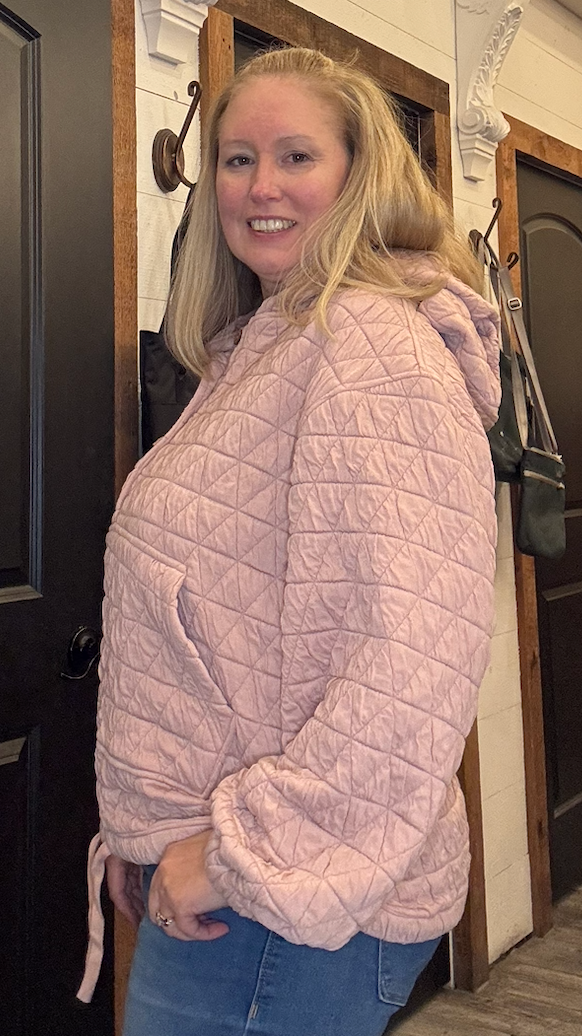 Quiliting Knit Buttoned Hoodie Top With Pocket