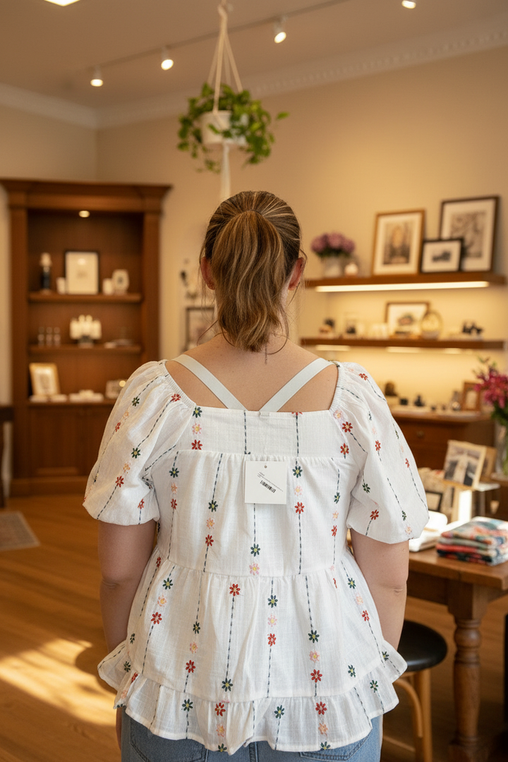 Embroidered Daisy Peplum - Back - Boutique Background