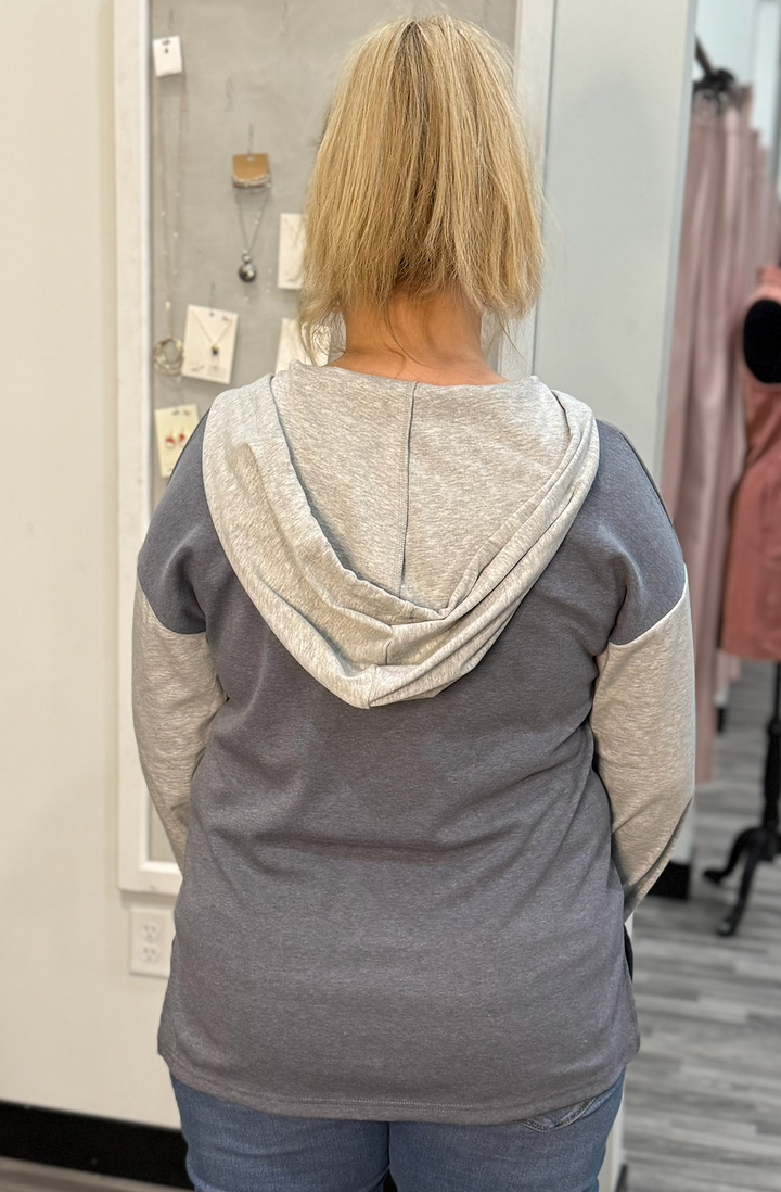 Colorblock Hooded V-Neck Pullover Sweatshirt