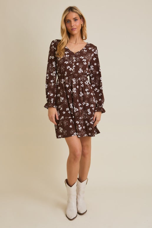 Brown/Cream Floral Button Down Dress