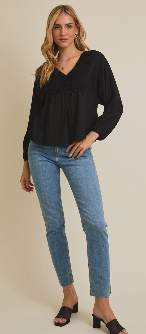 Black Lace Trim Button Up Flare Hem Top