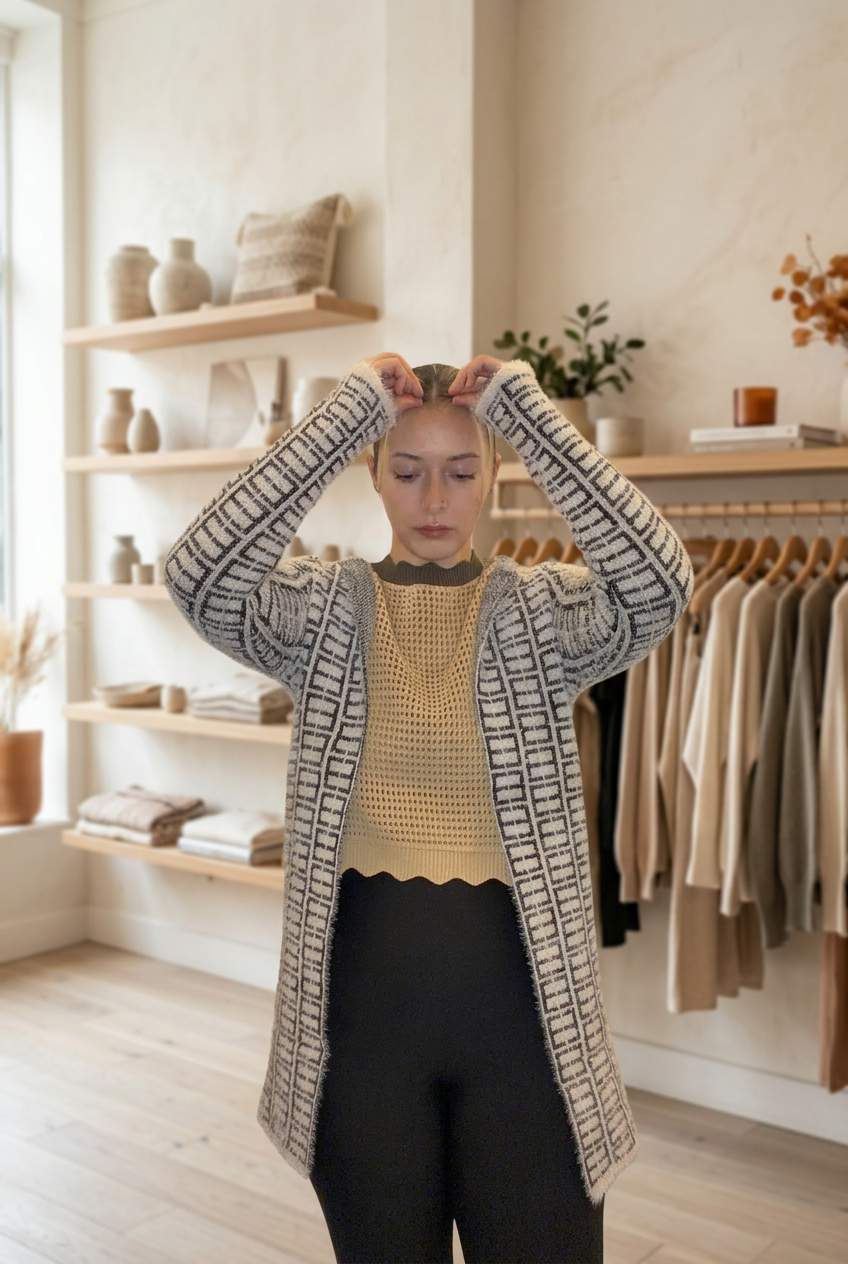 First cardigan photo with boutique background