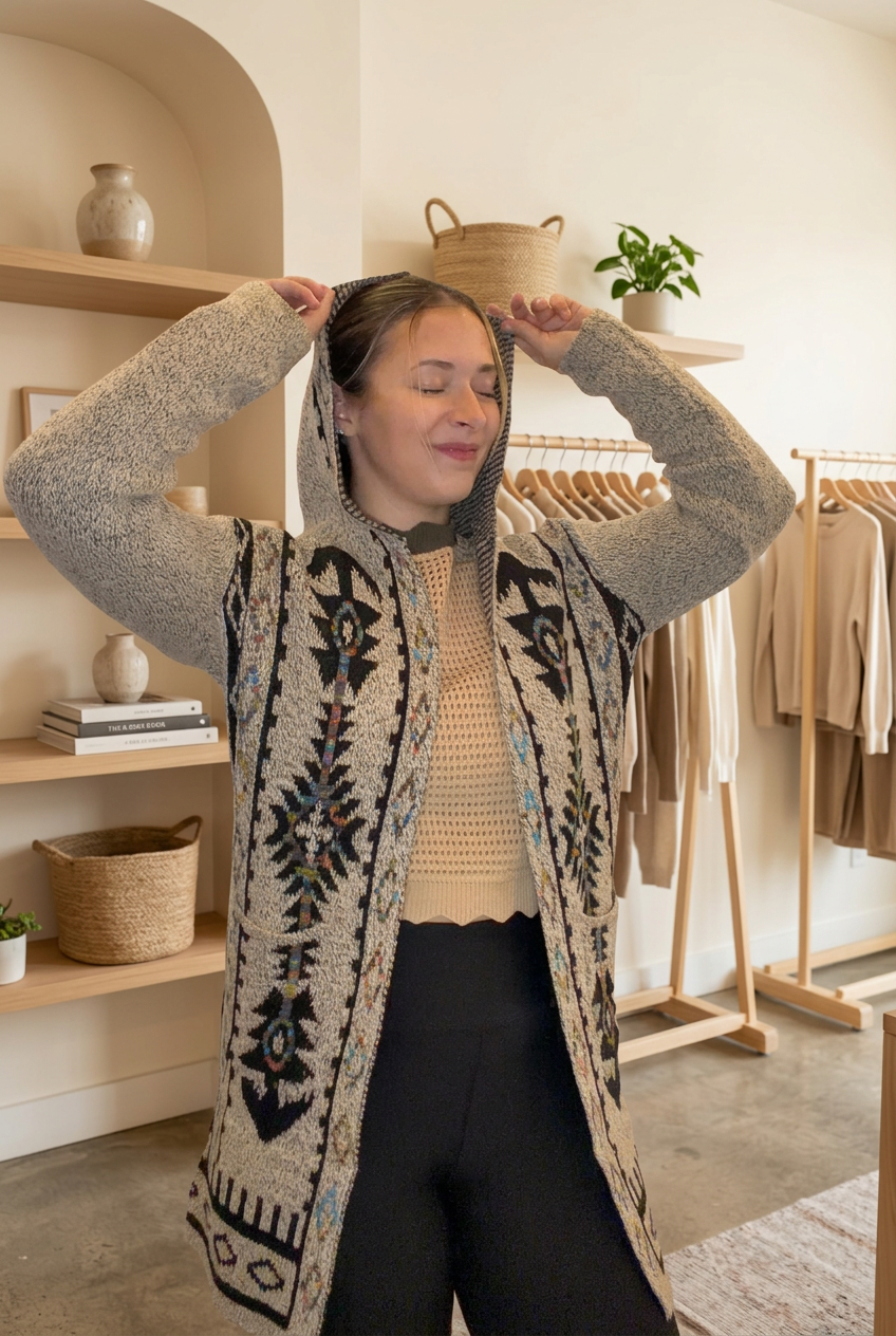 First cardigan photo with lifestyle boutique background