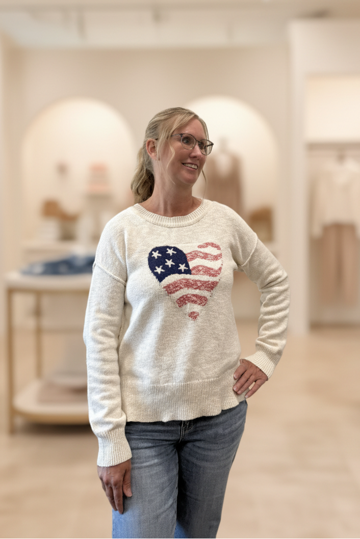 American Flag Heart Cotton Knit Sweater