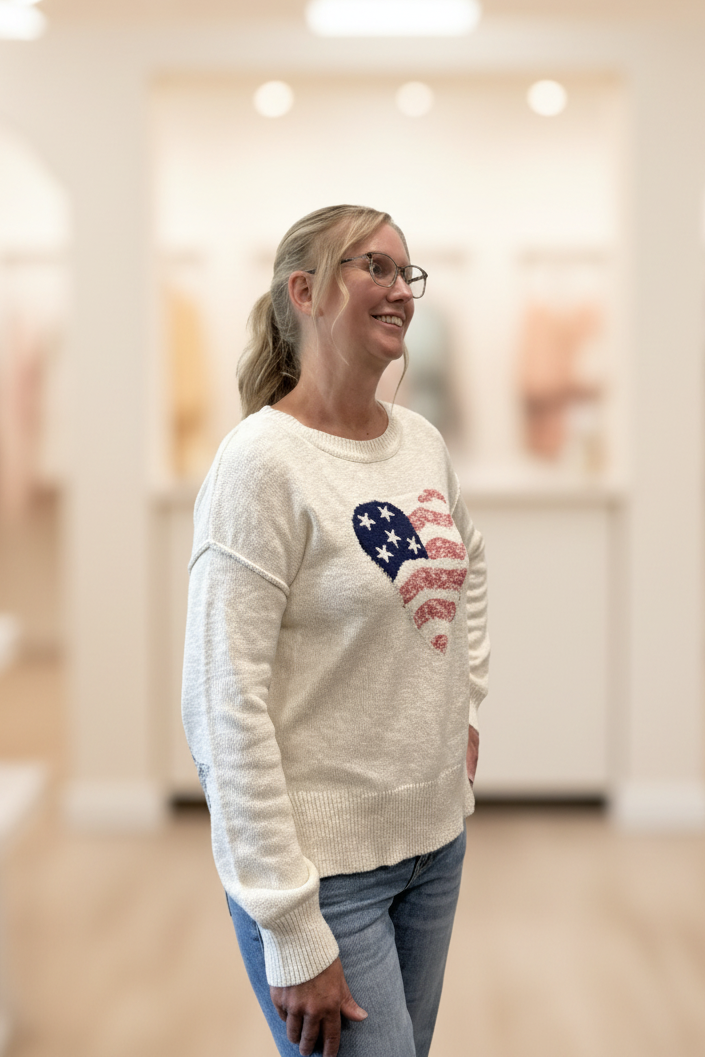 American Flag Heart Cotton Knit Sweater