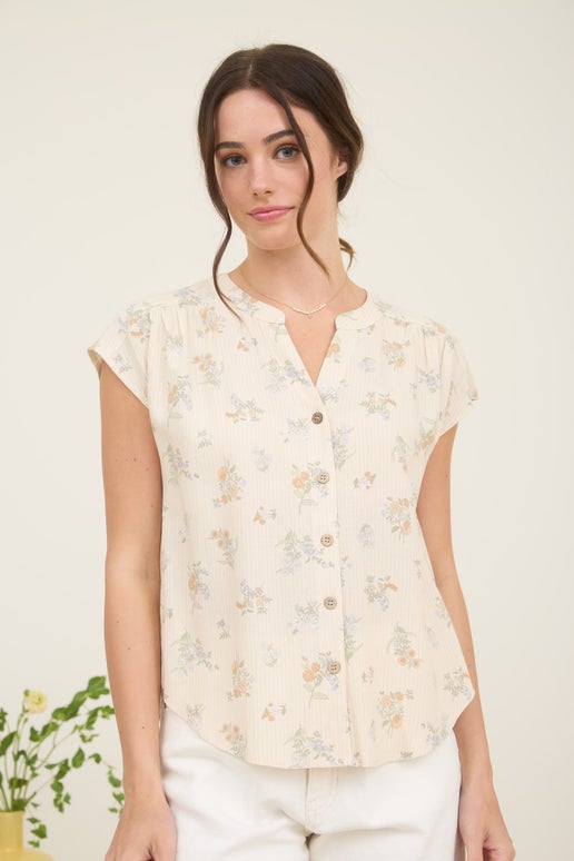 Natural Floral Striped Button Down Blouse
