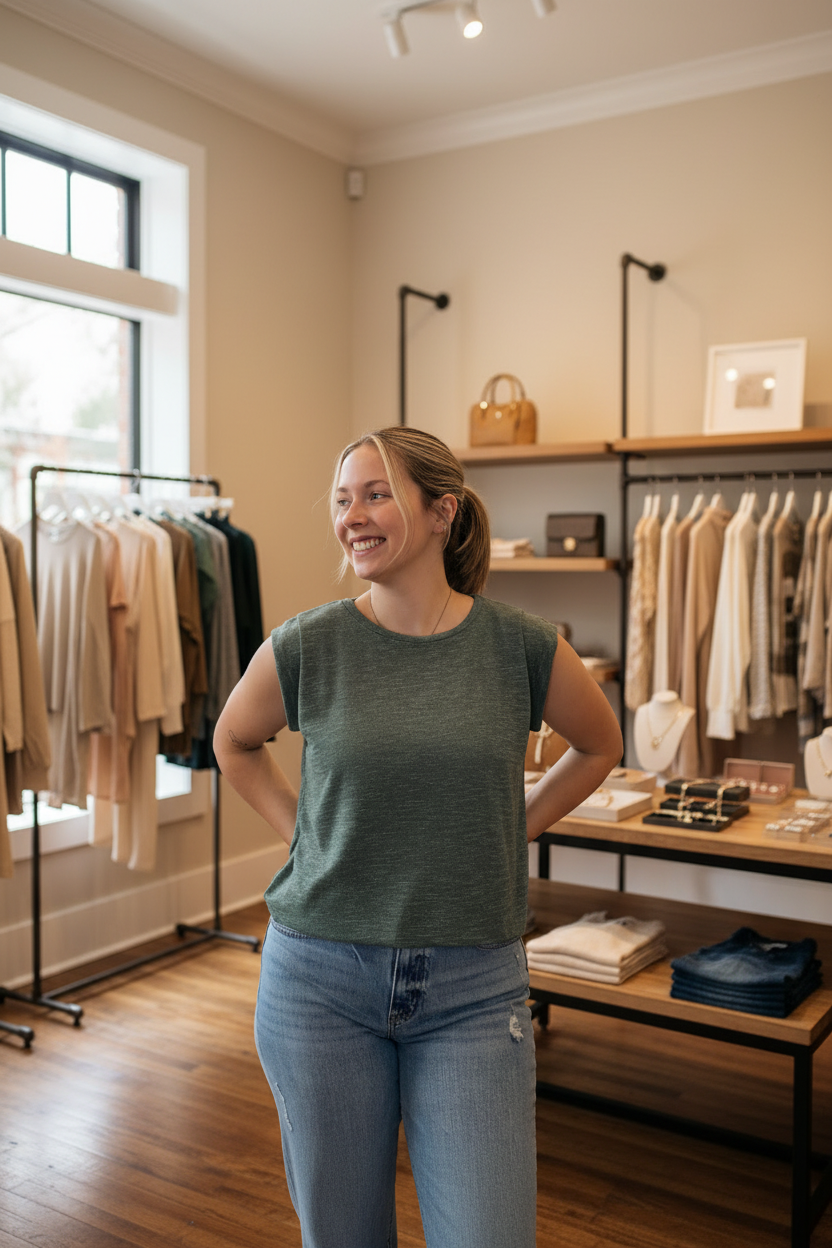 Front view — boutique background