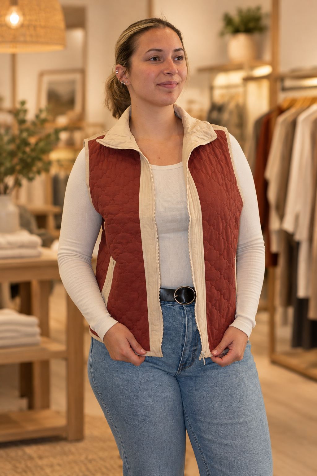 Front view with long sleeves and boutique background