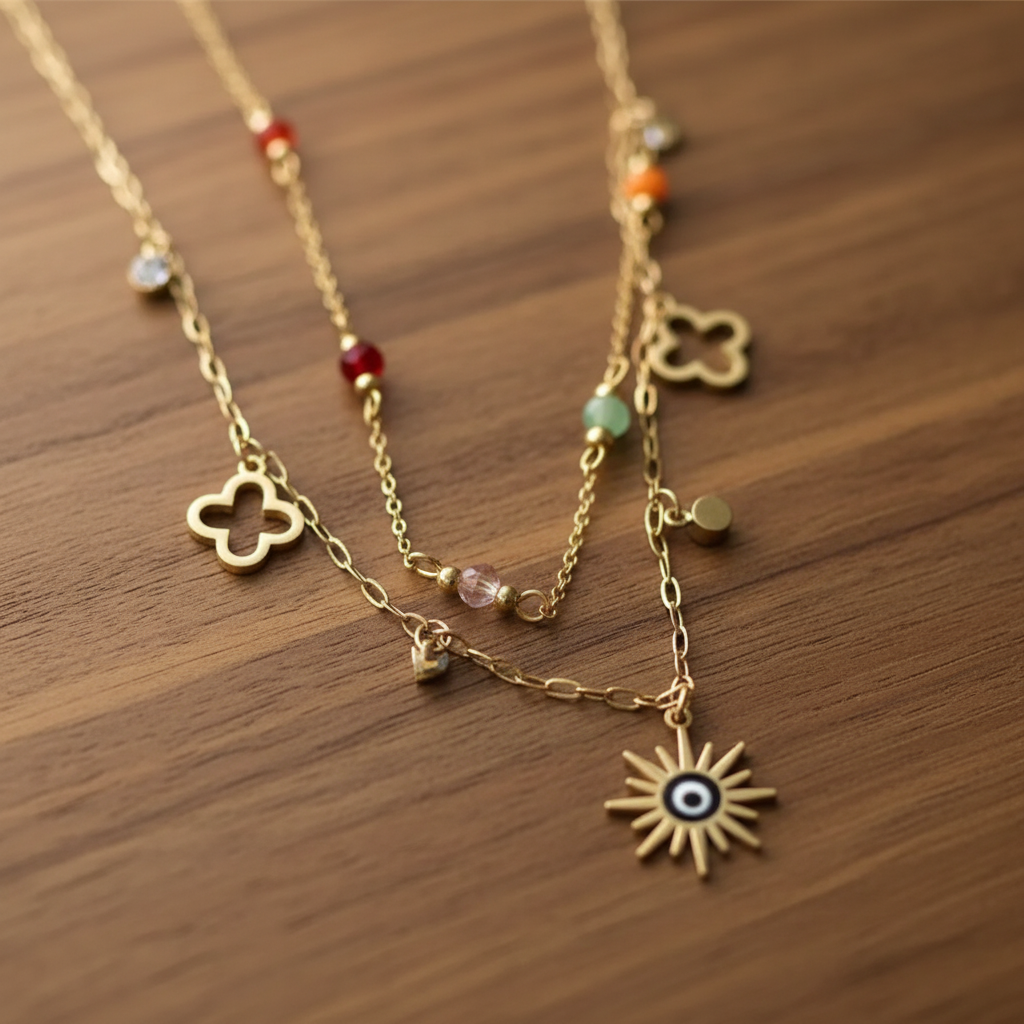 Gold Charm Necklace - warm wood background