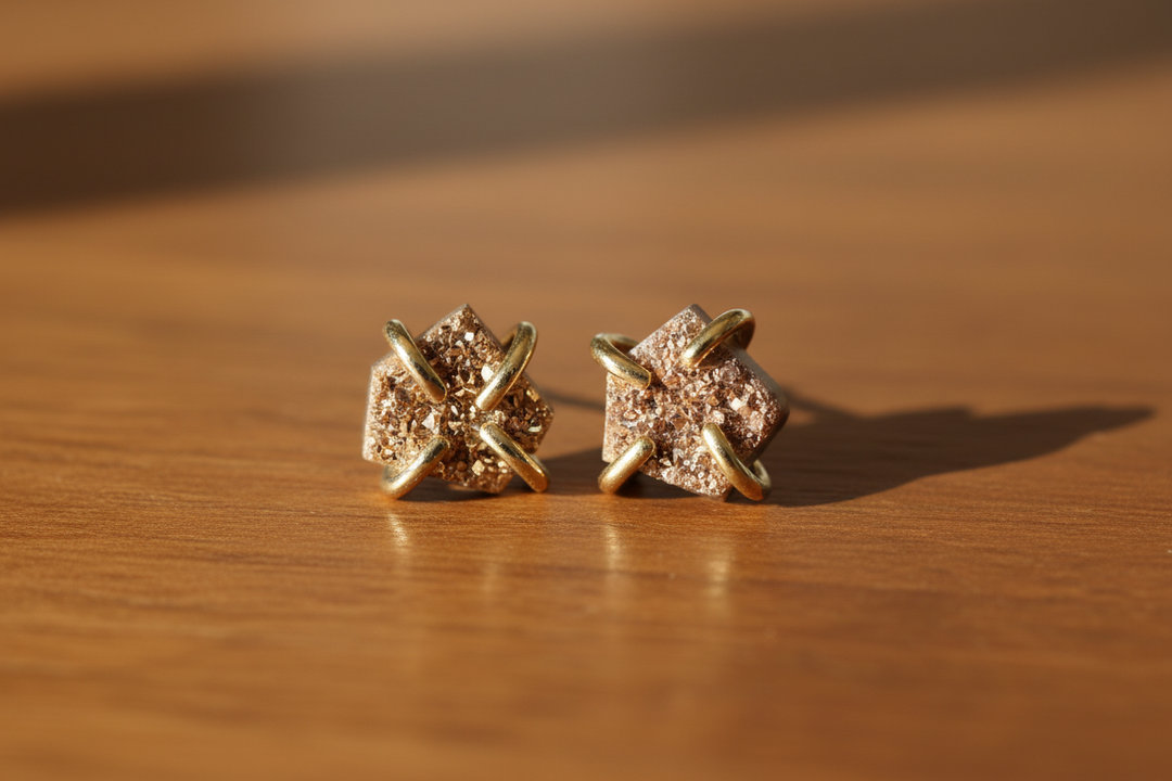 Gold Druzy Stud Earrings on Wood Surface