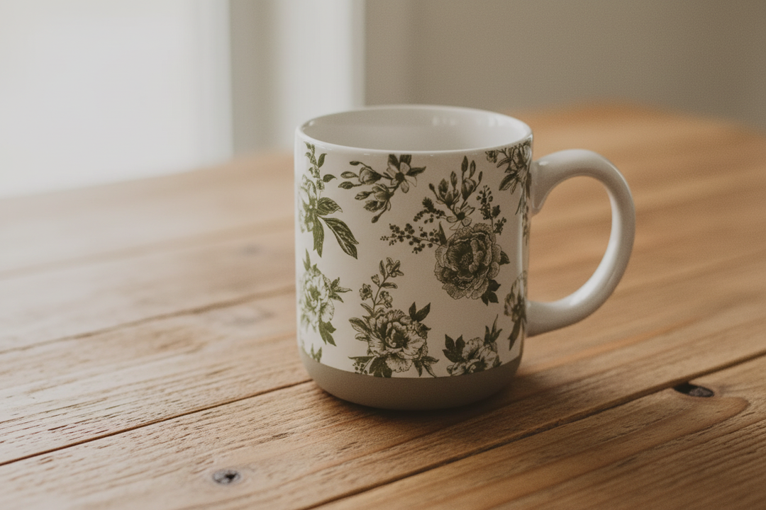 Green botanical floral mug on warm wooden table