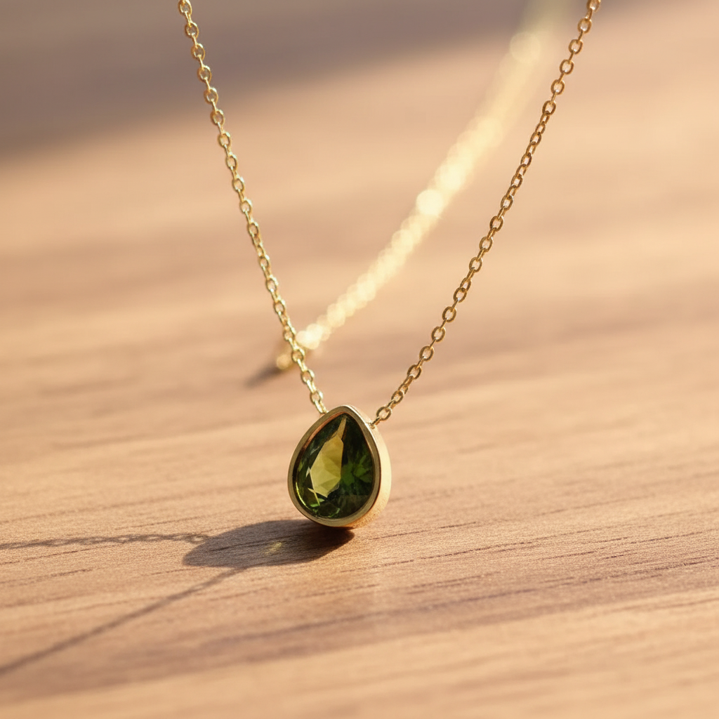 Green Gemstone Pendant Necklace - warm wood background