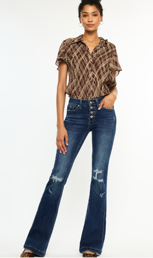 Mid Rise Button Up Distress Flare Jeans