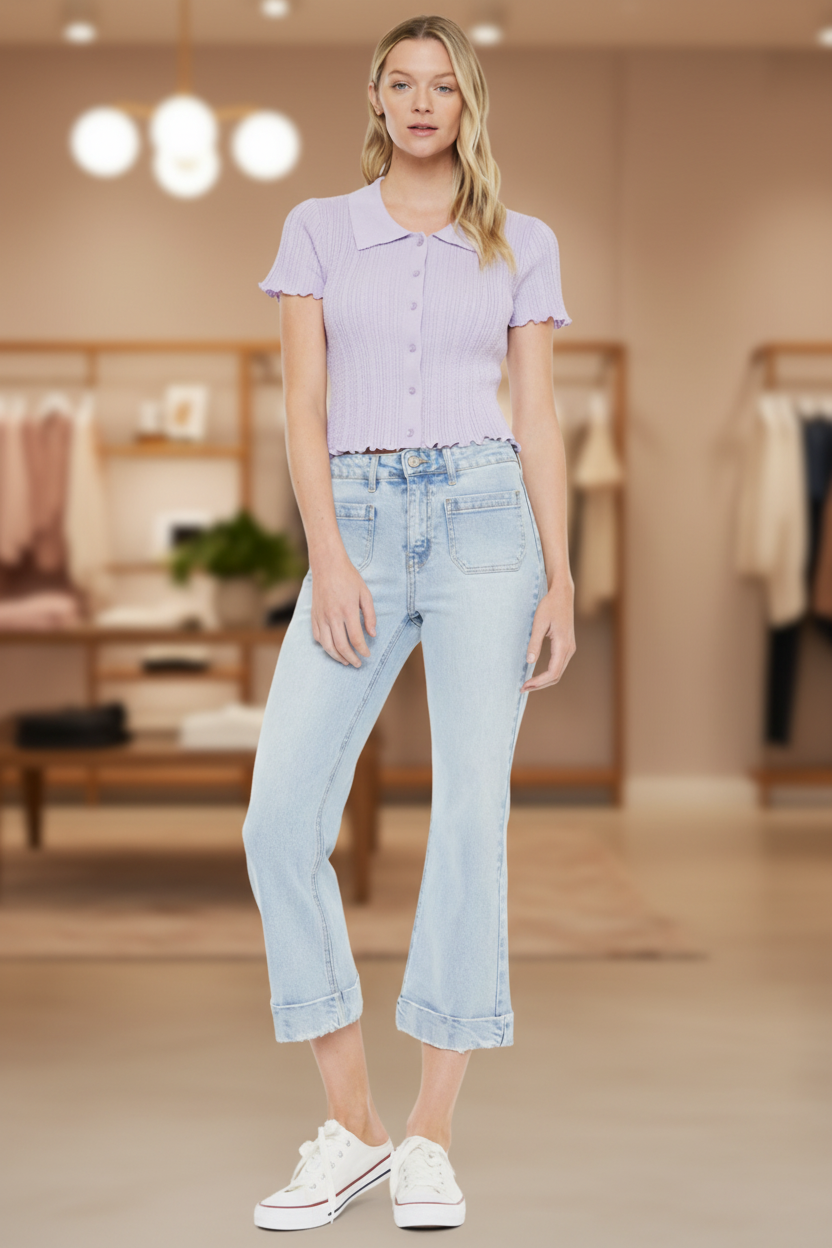 Front view - lavender crop top and light wash flare jeans