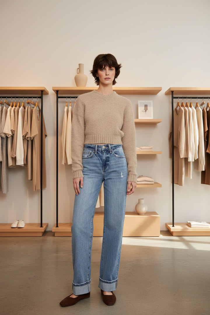 High-Rise Wide Leg Cuffed Jeans — Boutique Angle