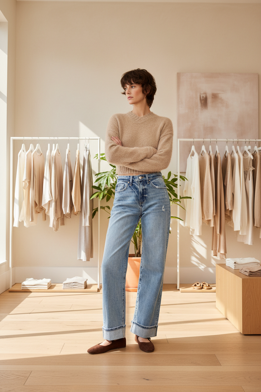 High-Rise Wide Leg Cuffed Jeans — Boutique Front
