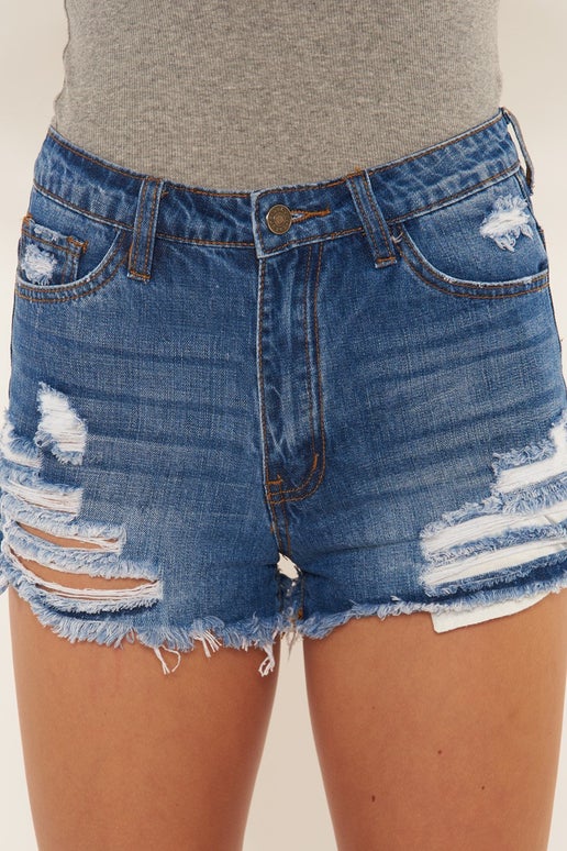 High Rise Medium Wash Distressed Jean Shorts