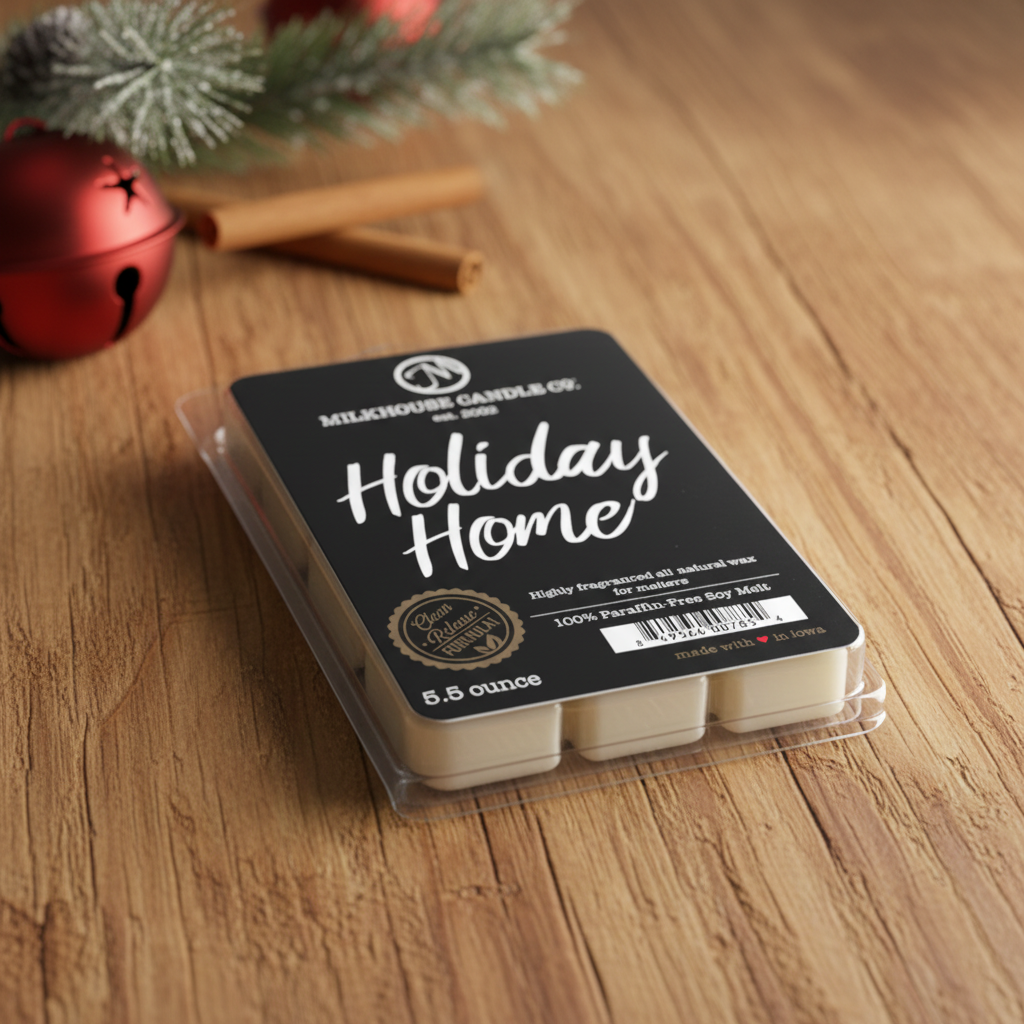 Milkhouse cozy holiday 5.5oz wax melt on warm rustic wooden table lifestyle product photography