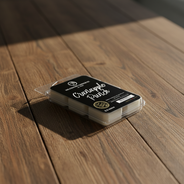 Milkhouse fruity holiday 5.5oz wax melt on warm rustic wooden table lifestyle product photography