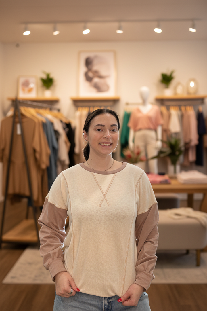 Cream mocha colorblock long sleeve top front view model in boutique setting Elle and Beck&