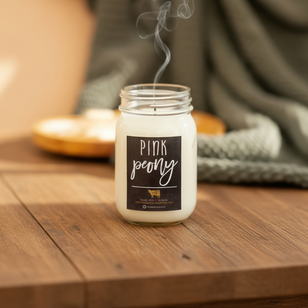 Milkhouse pink peony soy beeswax 13oz mason jar candle on warm rustic wooden table lifestyle product photography