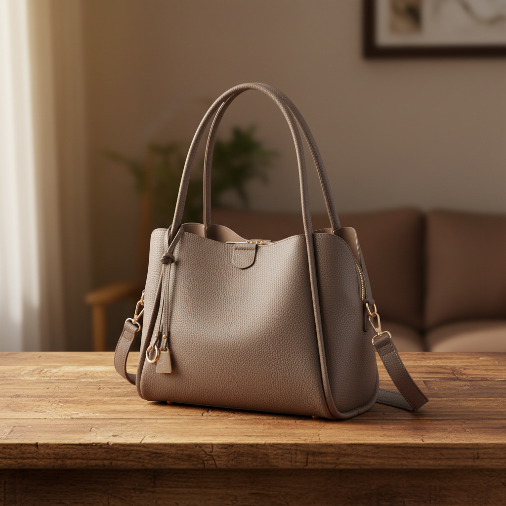 Taupe structured top handle handbag with crossbody strap on warm rustic wooden table Elle and Beck's Lifestyle Boutique