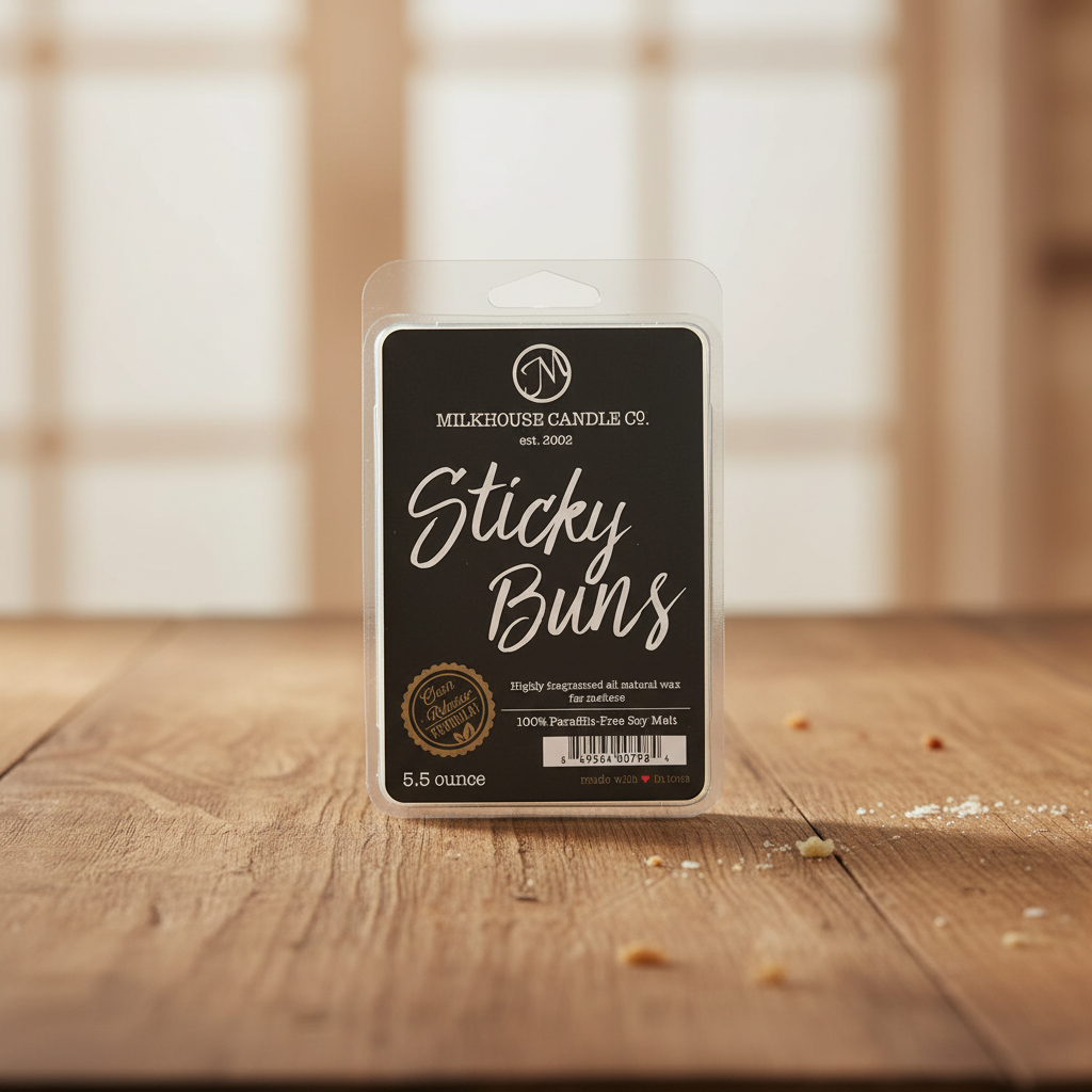 Milkhouse sticky bun 5.5oz wax melt on warm rustic wooden table lifestyle product photography