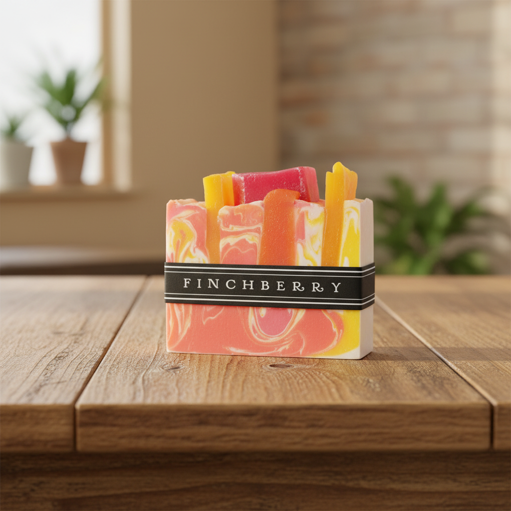 Main Squeeze citrus swirl handmade soap bar on warm rustic wooden table Elle and Beck's Lifestyle Boutique