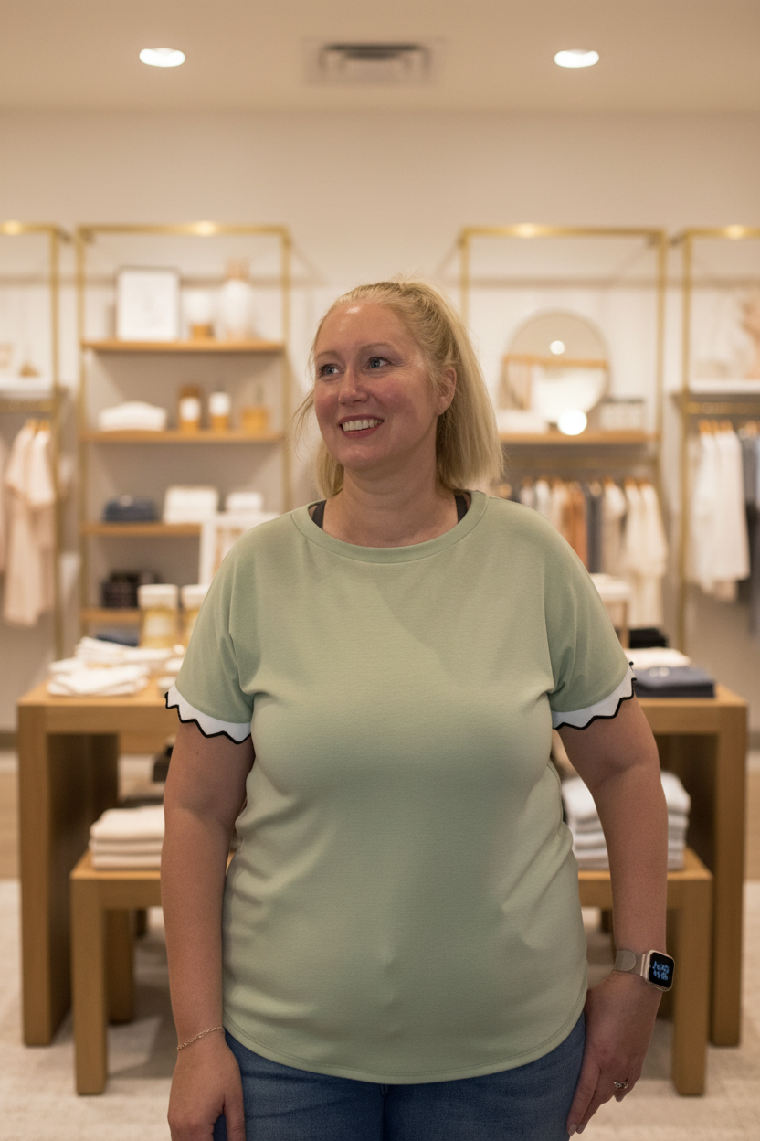 Sage green scalloped sleeve contrast trim tee - front view - blurred boutique background