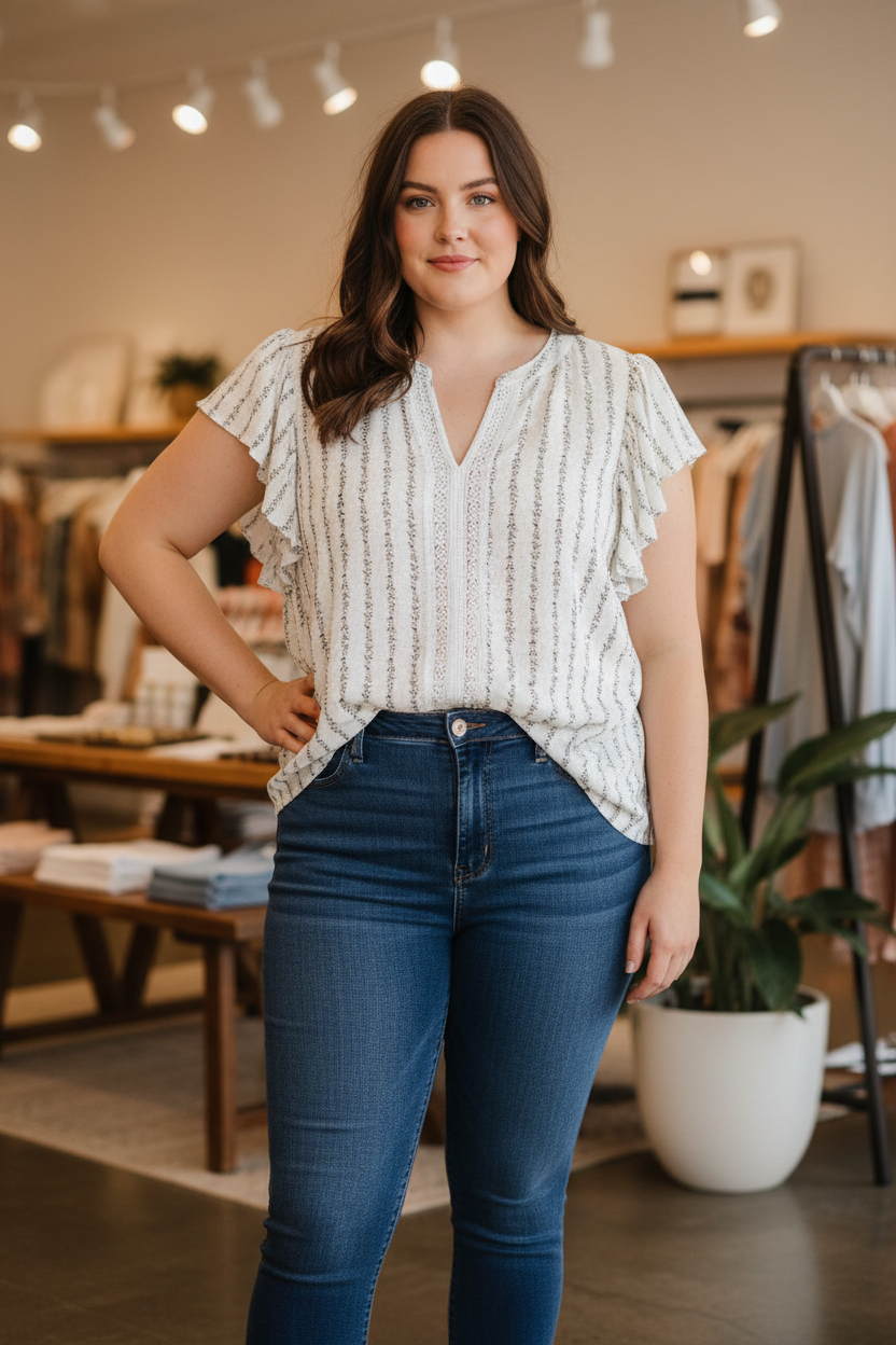 White floral stripe flutter sleeve blouse plus size model boutique
